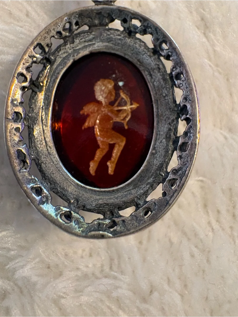 Amber Cupid Pendant Necklace - Orange Oval Cameo Sterling from Poland